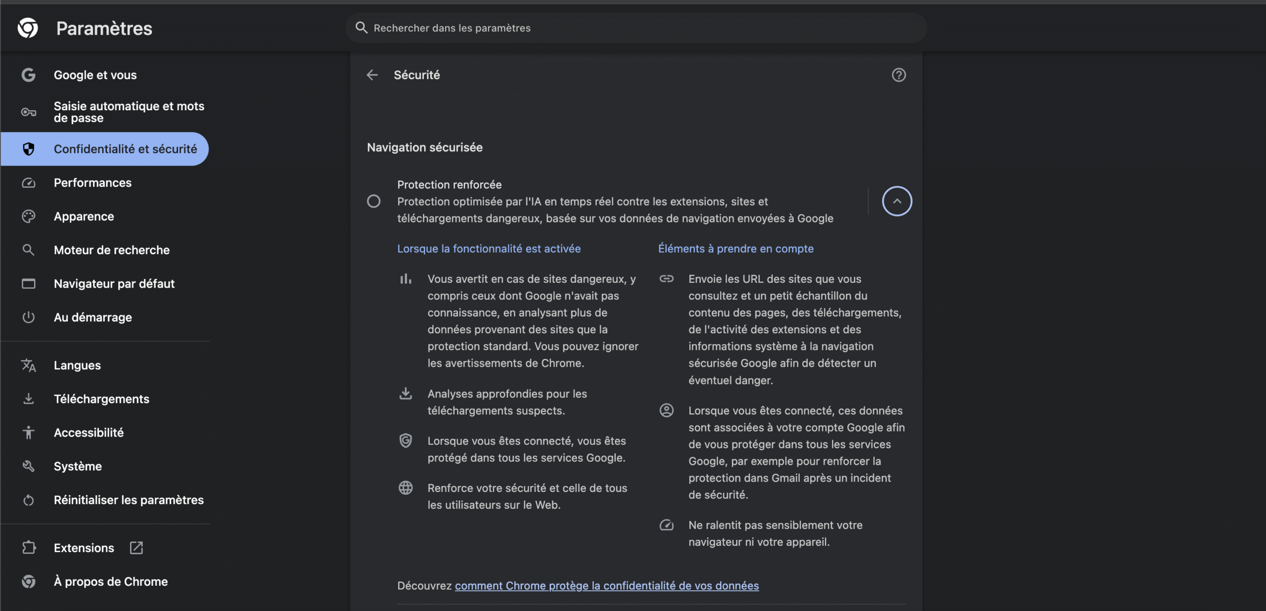 Interface Google Chrome avec protection renforcée activée